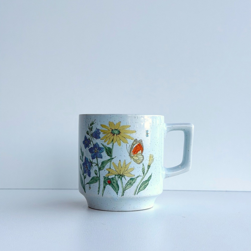 Vintage 60s Japanese Ceramic Coffee Mug Floral‎ Speckle Glaze Otagiri Style 10oz